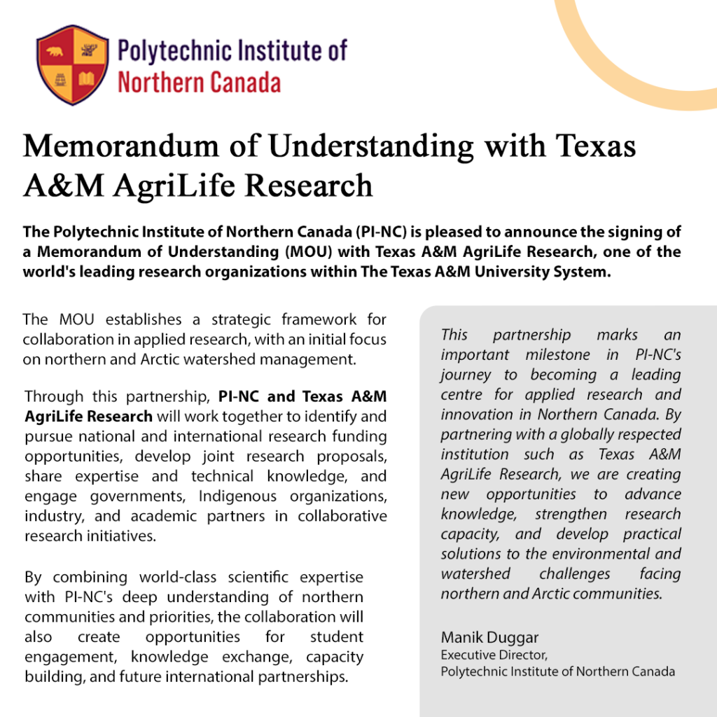 Polytechnic Institute of Northern Canada logo with the headline 'Memorandum of Understanding with Texas A&M AgriLife Research' and introductory paragraphs, plus a gray quoted text box on the right.