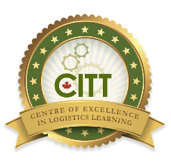 Gold and green award badge for Centre of Excellence in Logistics Learning (CITT), featuring a ribbon banner.