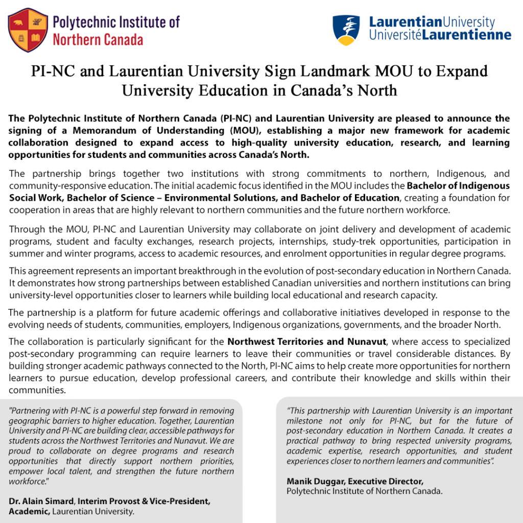 Announcement banner showing PI-NC and Laurentian University logos with the headline about signing an MOU to expand northern Canada's university education.