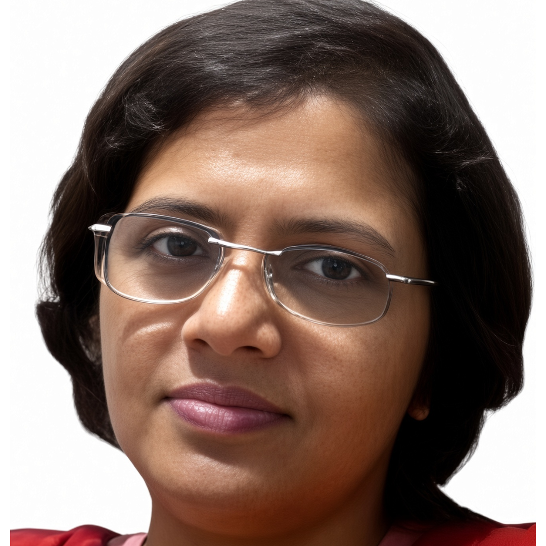 Close-up portrait of a woman with short dark hair wearing metal glasses and a neutral expression
