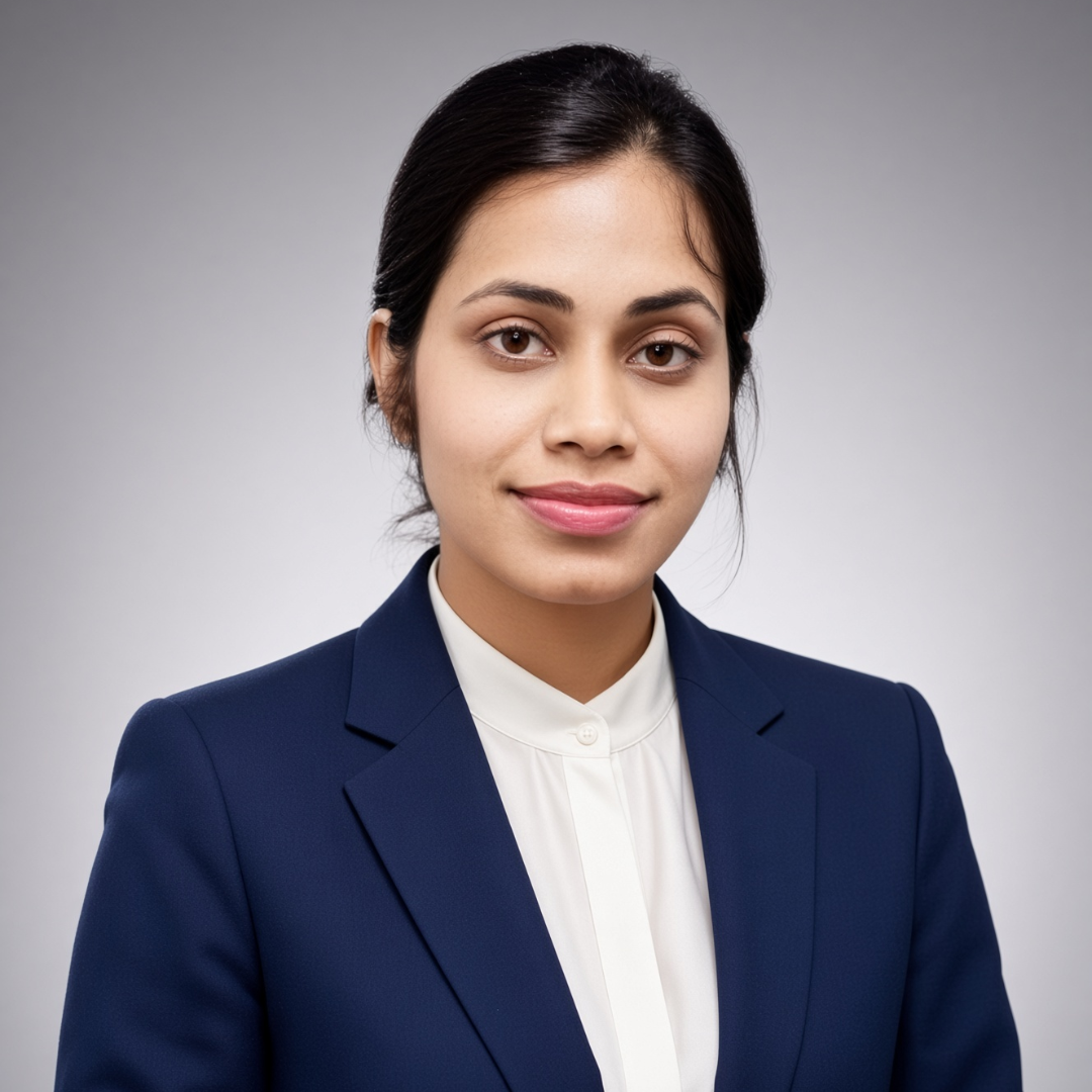 Professional portrait of a woman in a navy blazer and white blouse against a neutral gray background, looking at the camera with a slight smile.