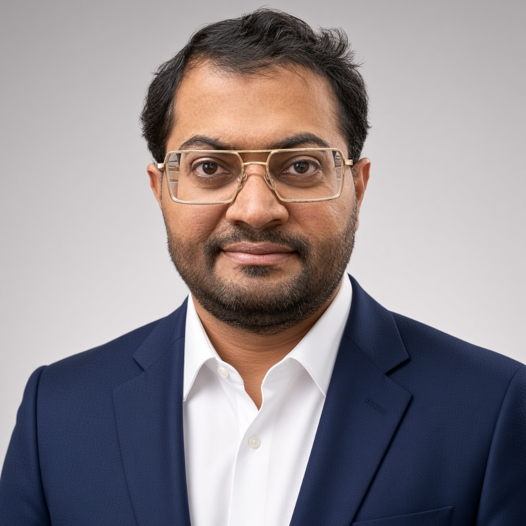 Professional head-and-shoulders portrait of a man with gold-rimmed glasses, wearing a navy blazer and white shirt, looking at the camera.