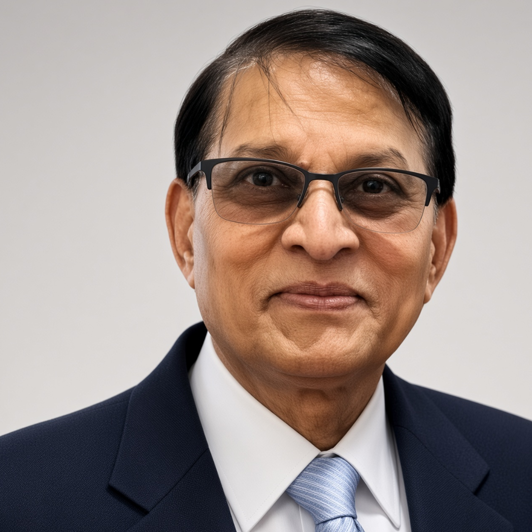 Portrait of a middle-aged man in a navy suit and light blue tie, wearing glasses and a subtle smile in a neutral backdrop.